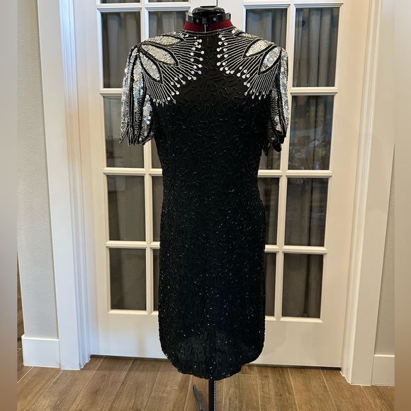 Vintage Laurence Kazar Black Silk Beaded Sheath Dress With Sequined Shoulders - Picture 1 of 15